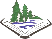 Maine Balsam Libraries logo, which is a hand drawn brown open book with green balsam trees protruding from the center of some blue water on the open pages. 